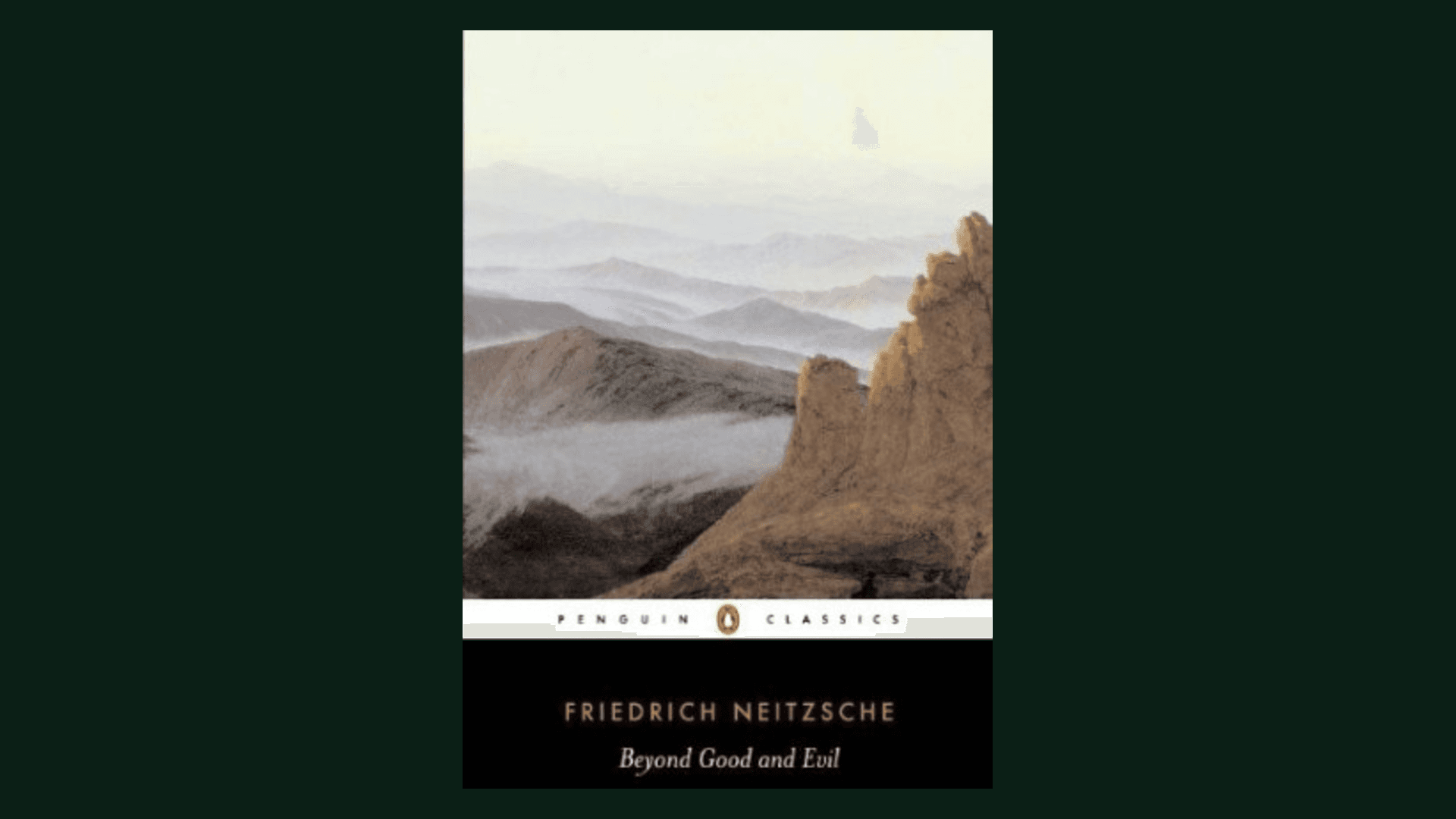 Penguin edition of Beyond Good and Evil displayed on a dark background