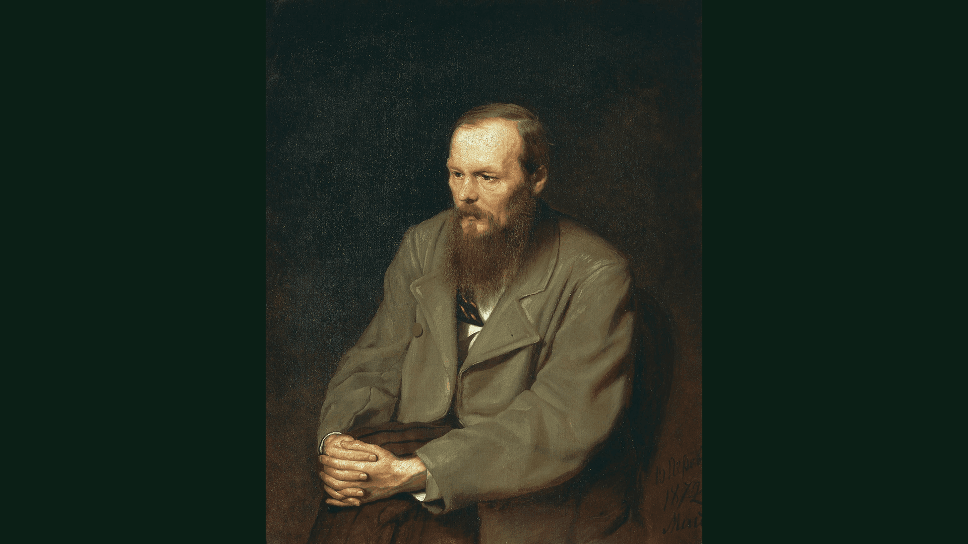 Fyodor Dostoevsky portrait softly lit against a muted green backdrop