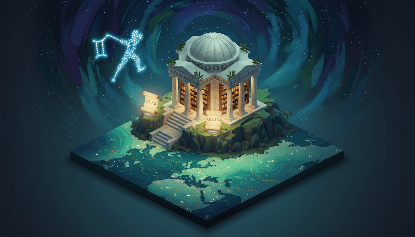 Isometric Greek library overlooking the Aegean with Homeric scrolls