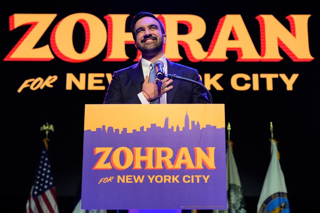 Zohran Mamdani speaks before a sea of supporters at his 2025 mayoral victory rally (AP Photo/Yuki Iwamura)